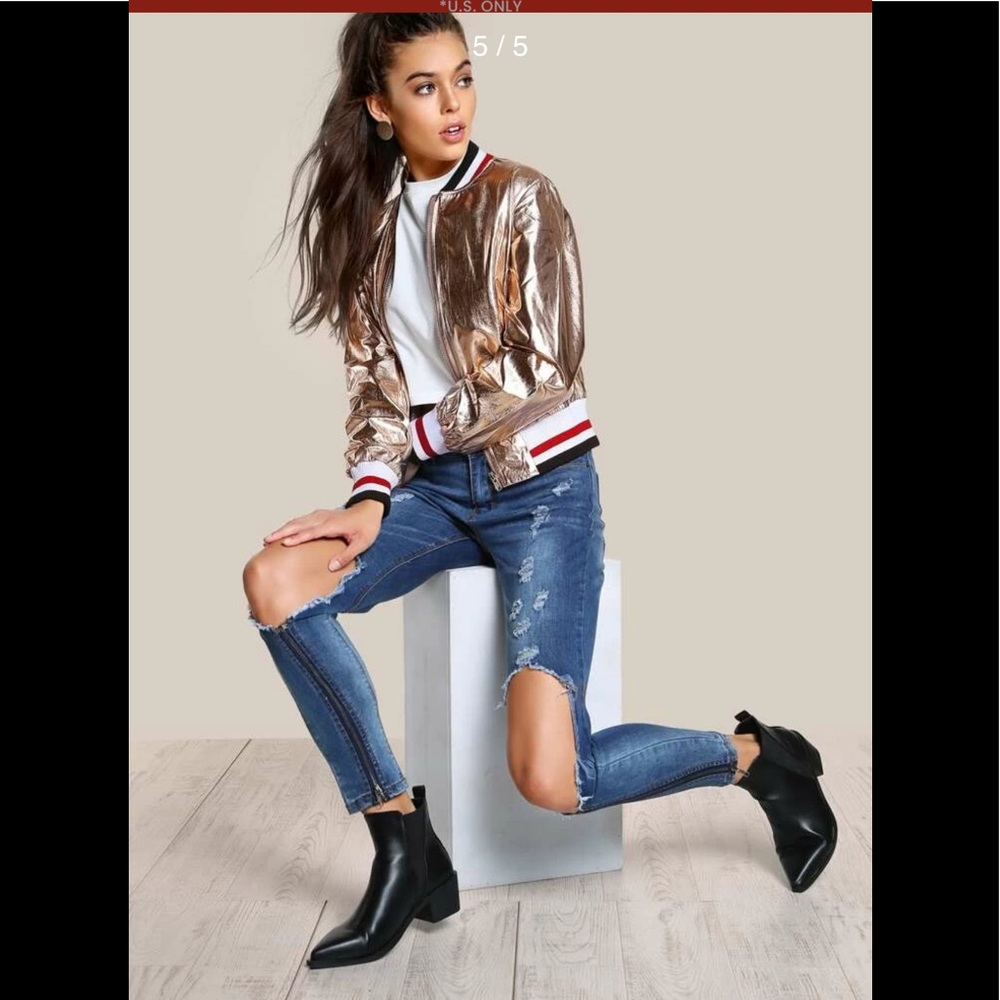 Hot & Delicious Metallic Zip Up Jacket ROSE GOLD